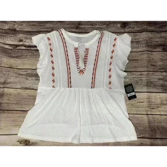 Lucky Brand White Embroidered Flutter Ruffle Cap Sleeves Top Small NEW - Picture 1 of 3